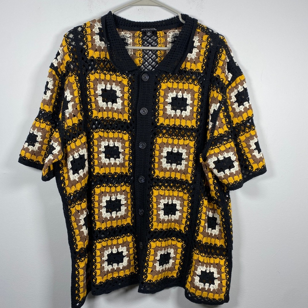 Norsecode Crochet Button Up Shirt Mens XL Black Yellow Granny Square‎ Boho Retro